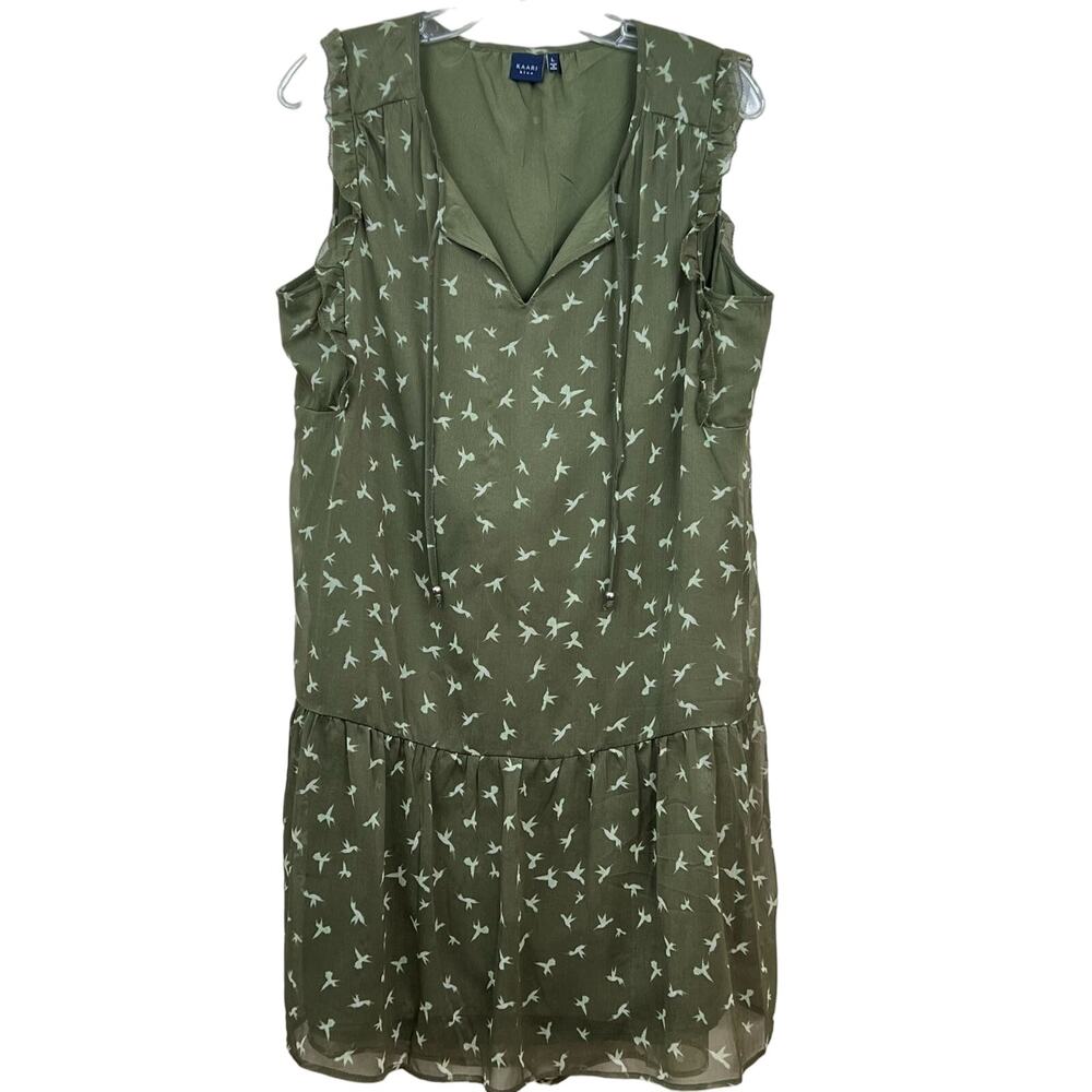 Kaari Blue Womens Large Dress Army Green Bird Print Mini Sleeveless V Neck